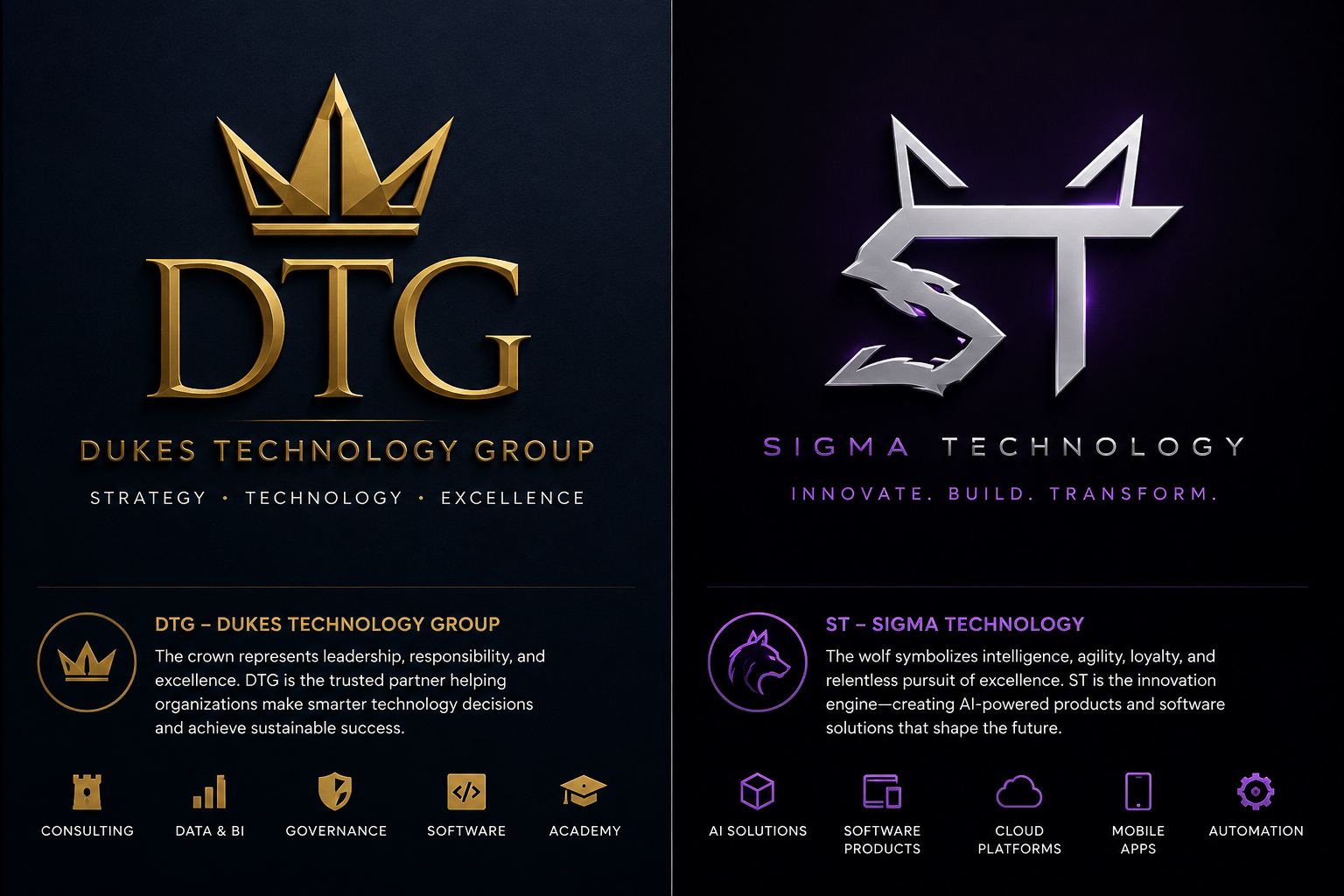Sigma Technology silver wolf monogram and purple brand identity